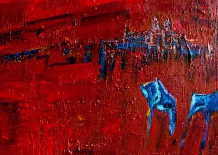 500x700 Blue horses on red.